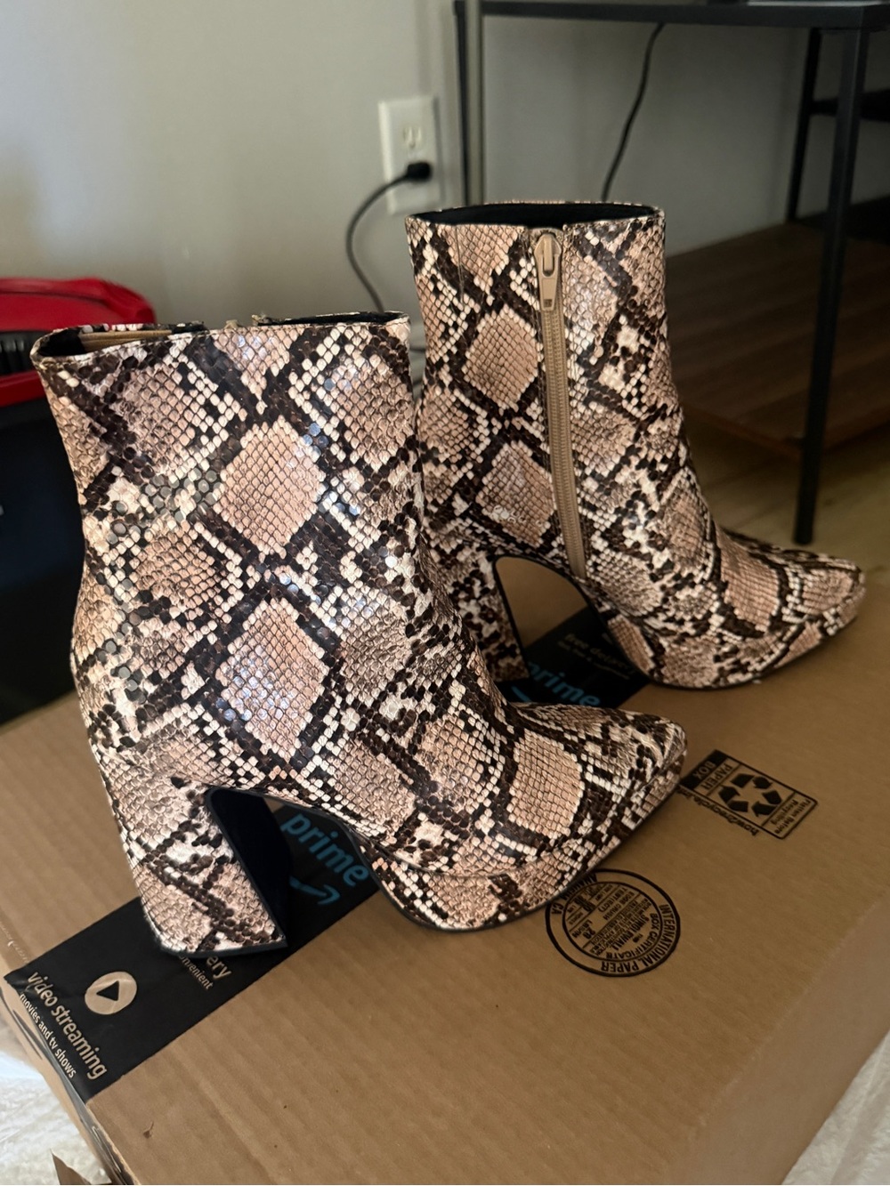 Jeffrey Campbell Snake-Print Ankle Booties in Brown and Cream